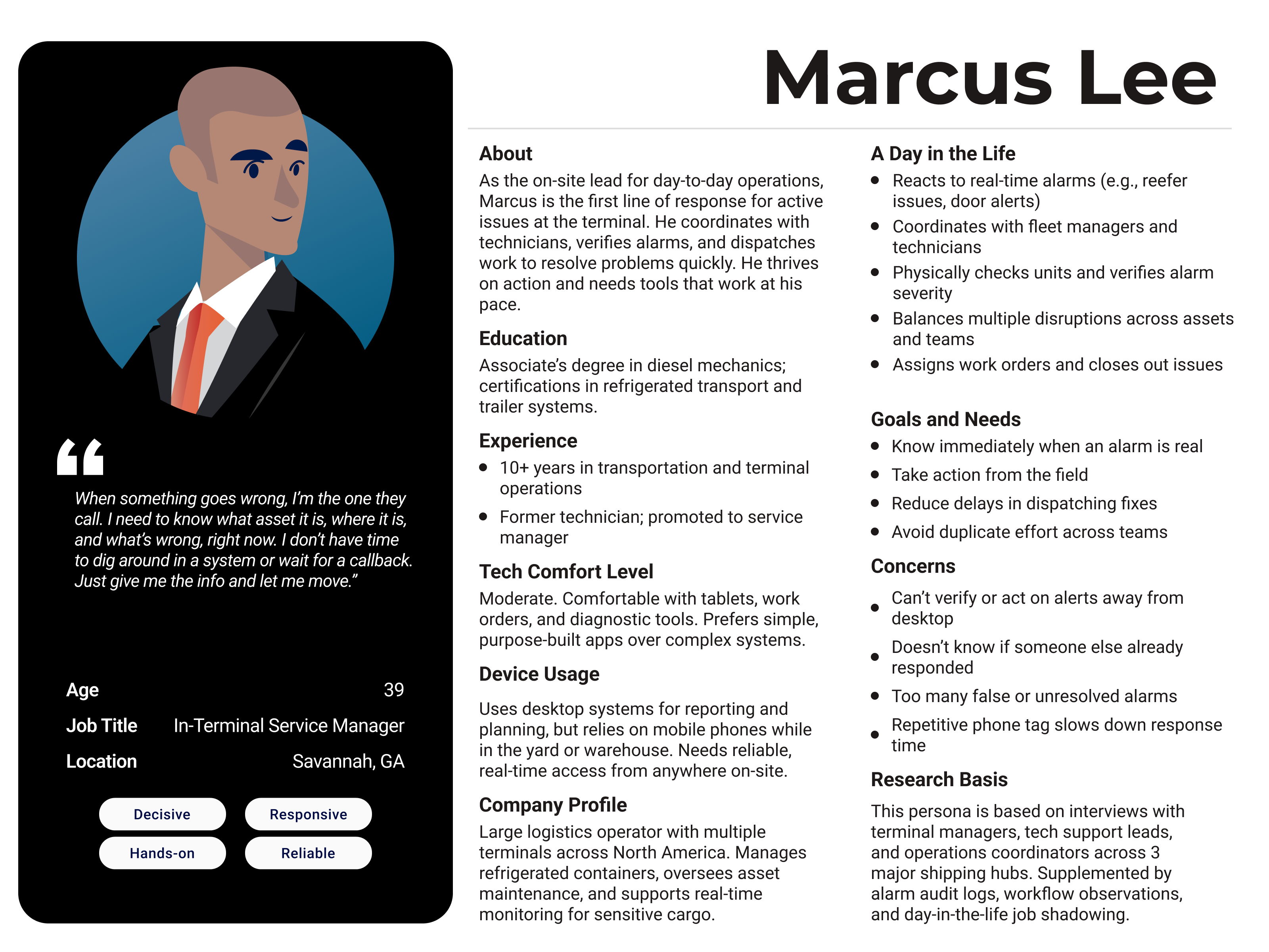Persona card for Marcus Lee, an In-Terminal Service Manager responsible for hands-on dispatch and alarm resolution.